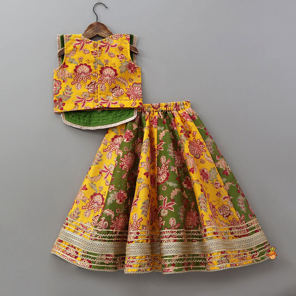 Pre Order: Floral Print Embellished Top With Panelled Flared Lehenga