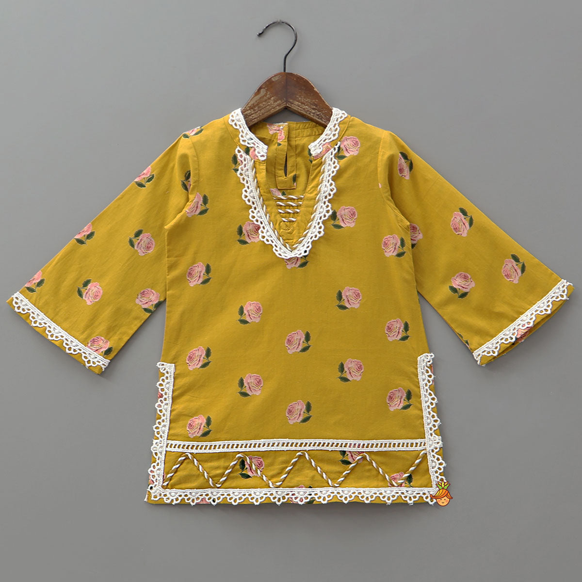 Pre Order: Hand Block Floral Printed Lace Detailed Kurti With Pants