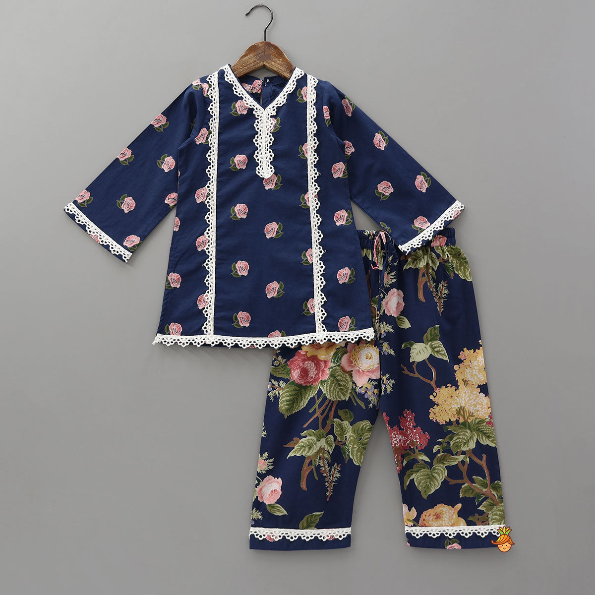 Pre Order: Floral Hand Block Print Lace Detailed Kurti With Pants