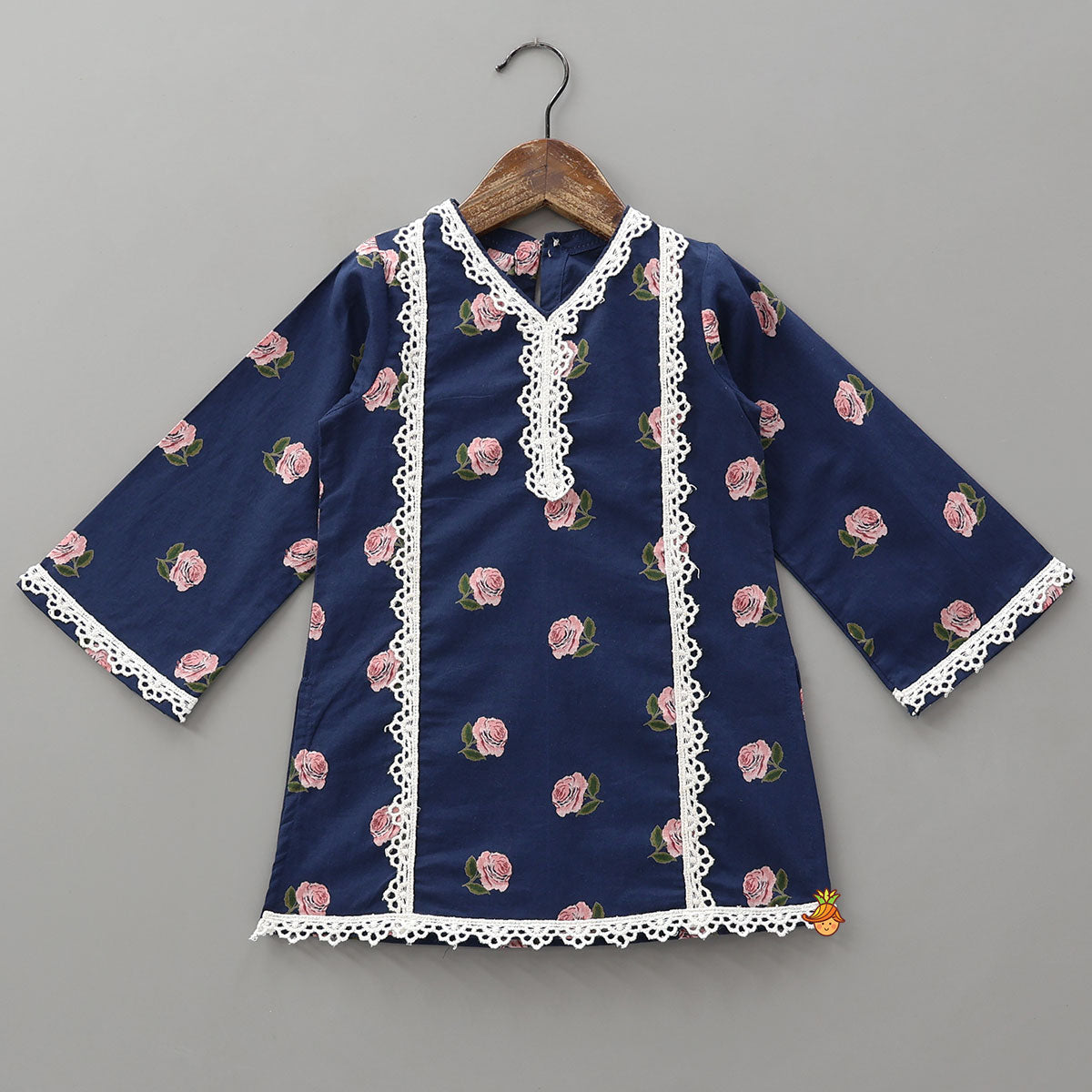 Pre Order: Floral Hand Block Print Lace Detailed Kurti With Pants