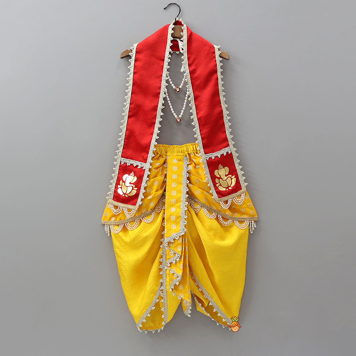 Pre Order: Brocade Dhoti With Ganesha Motif Stole And Mala