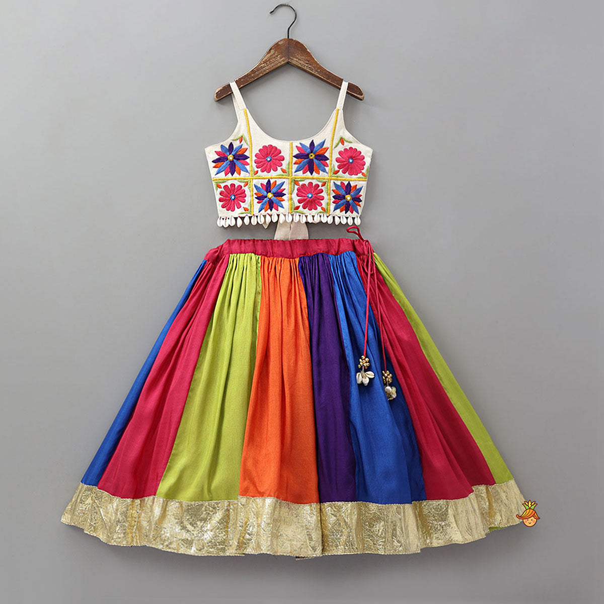 Pre Order: Floral Embroidered Top With Flared Panelled Lehenga And Potli Bag