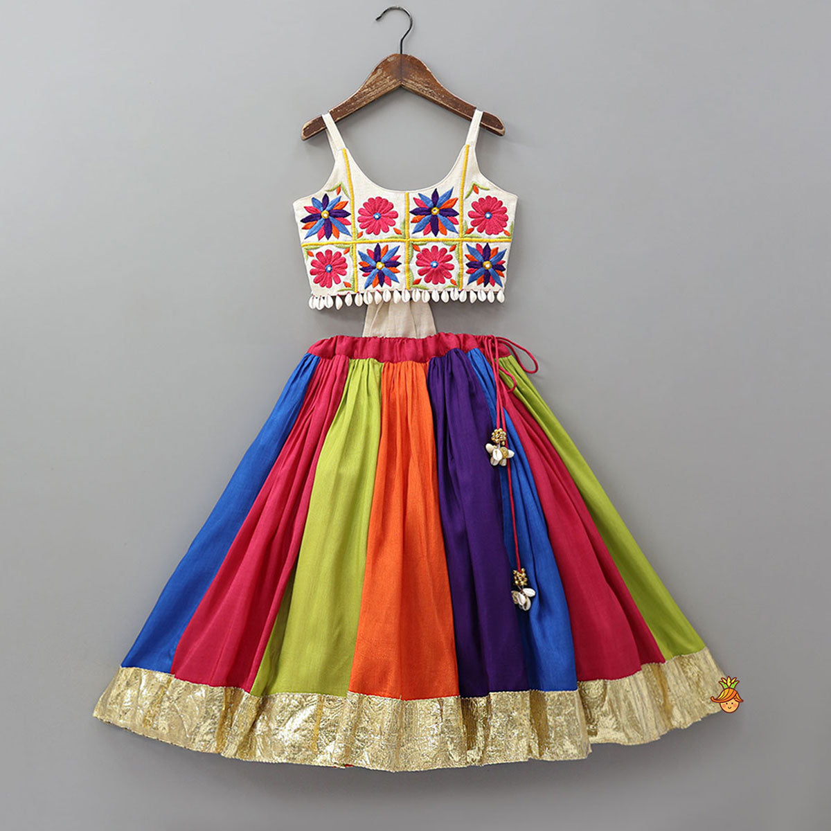 Pre Order: Floral Embroidered Top With Flared Panelled Lehenga And Potli Bag
