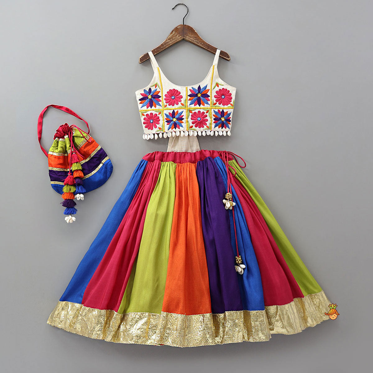 Pre Order: Floral Embroidered Top With Flared Panelled Lehenga And Potli Bag