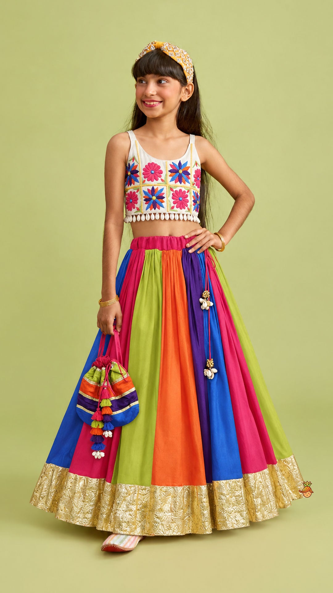 Pre Order: Floral Embroidered Top With Flared Panelled Lehenga And Potli Bag