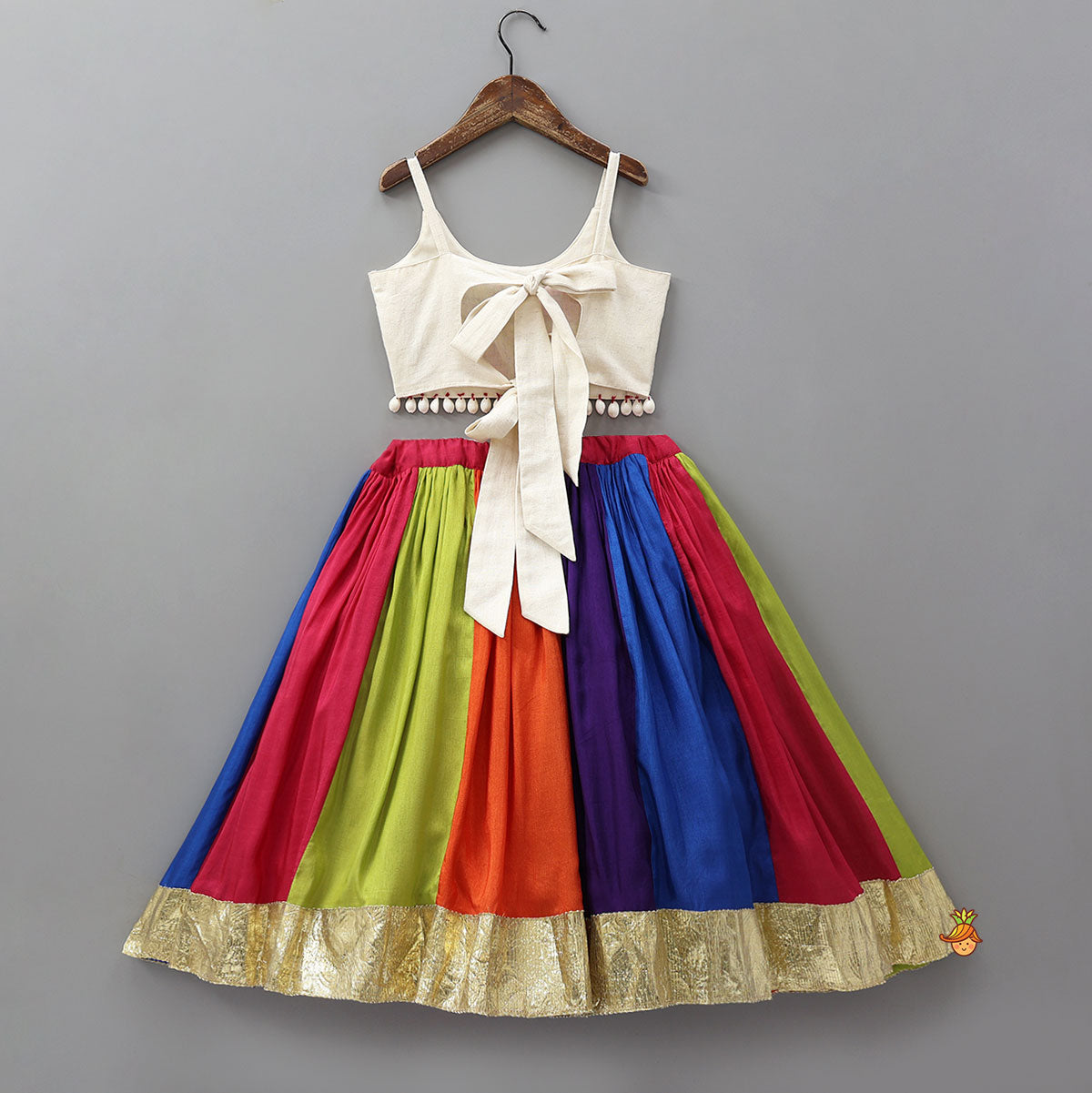 Pre Order: Floral Embroidered Top With Flared Panelled Lehenga And Potli Bag