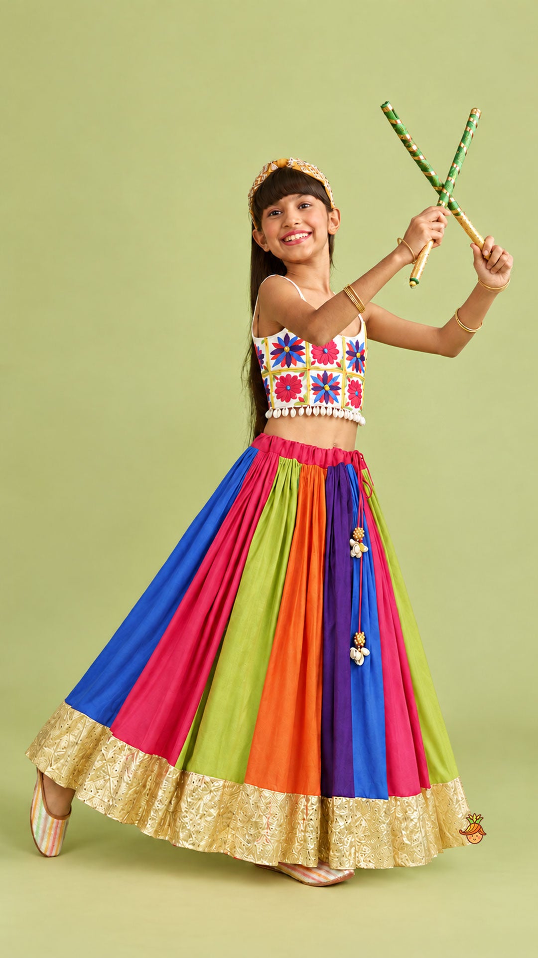 Pre Order: Floral Embroidered Top With Flared Panelled Lehenga And Potli Bag