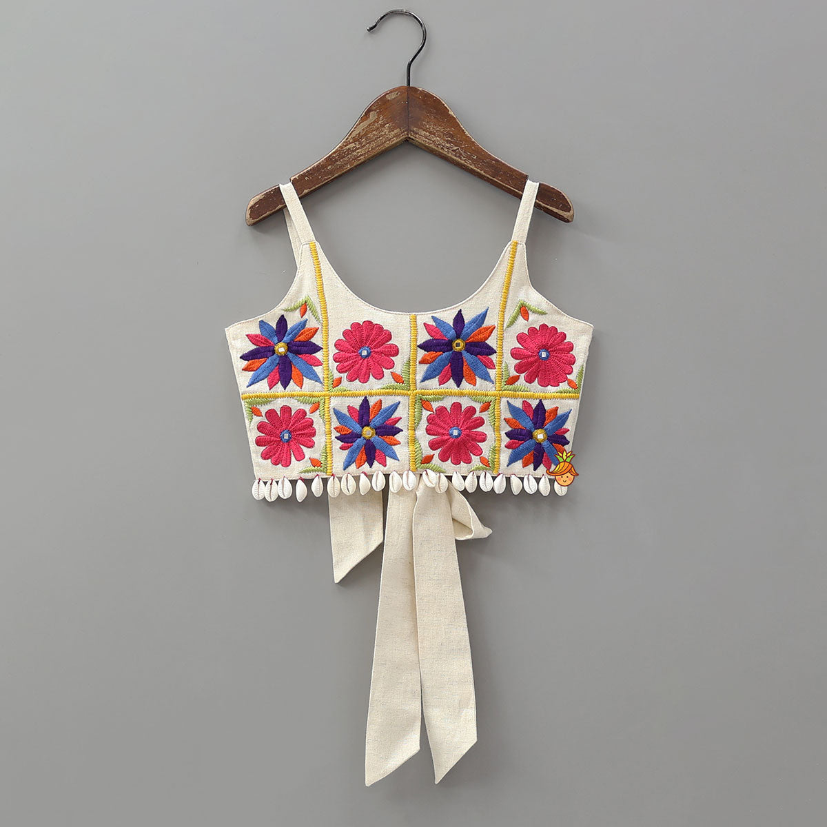 Pre Order: Floral Embroidered Top With Flared Panelled Lehenga And Potli Bag