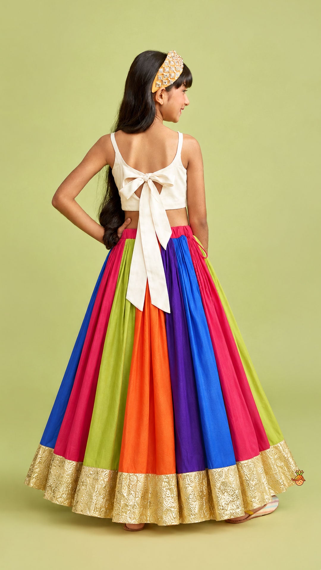 Pre Order: Floral Embroidered Top With Flared Panelled Lehenga And Potli Bag