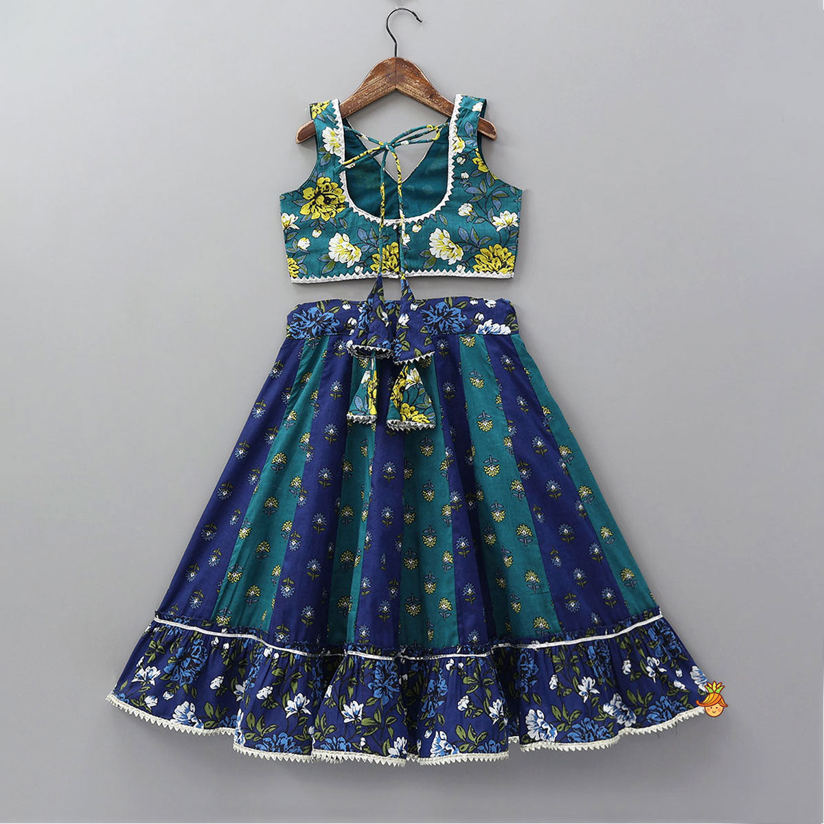 Pre Order: Floral Printed Stylish Top With Panelled Flared Lehenga And Dupatta