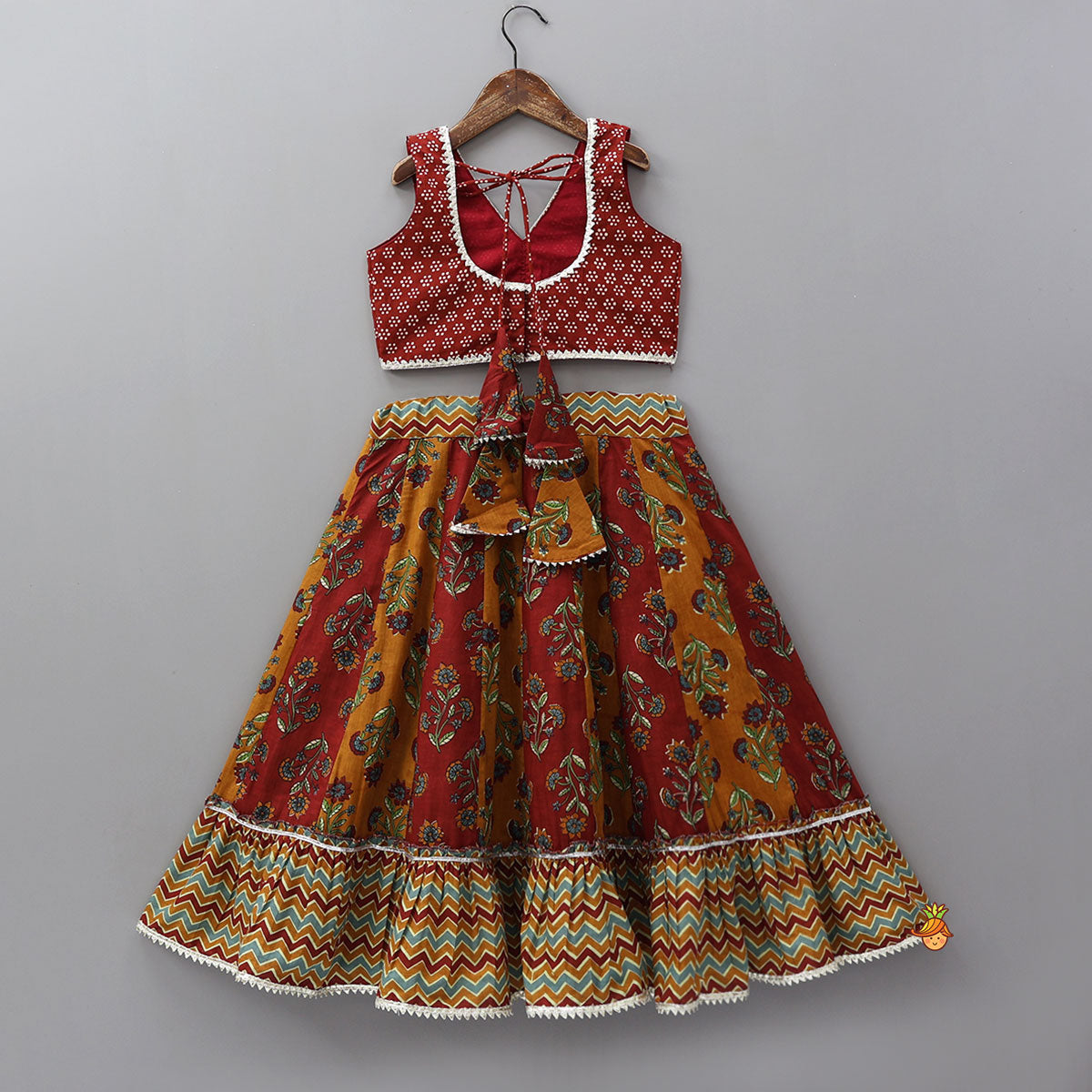 Pre Order: Floral Printed Crop Top With Panelled Flared Lehenga And Dupatta