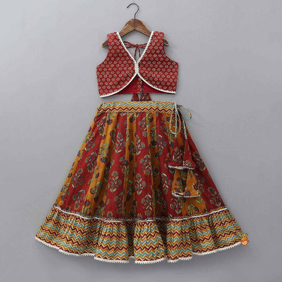 Pre Order: Floral Printed Crop Top With Panelled Flared Lehenga And Dupatta