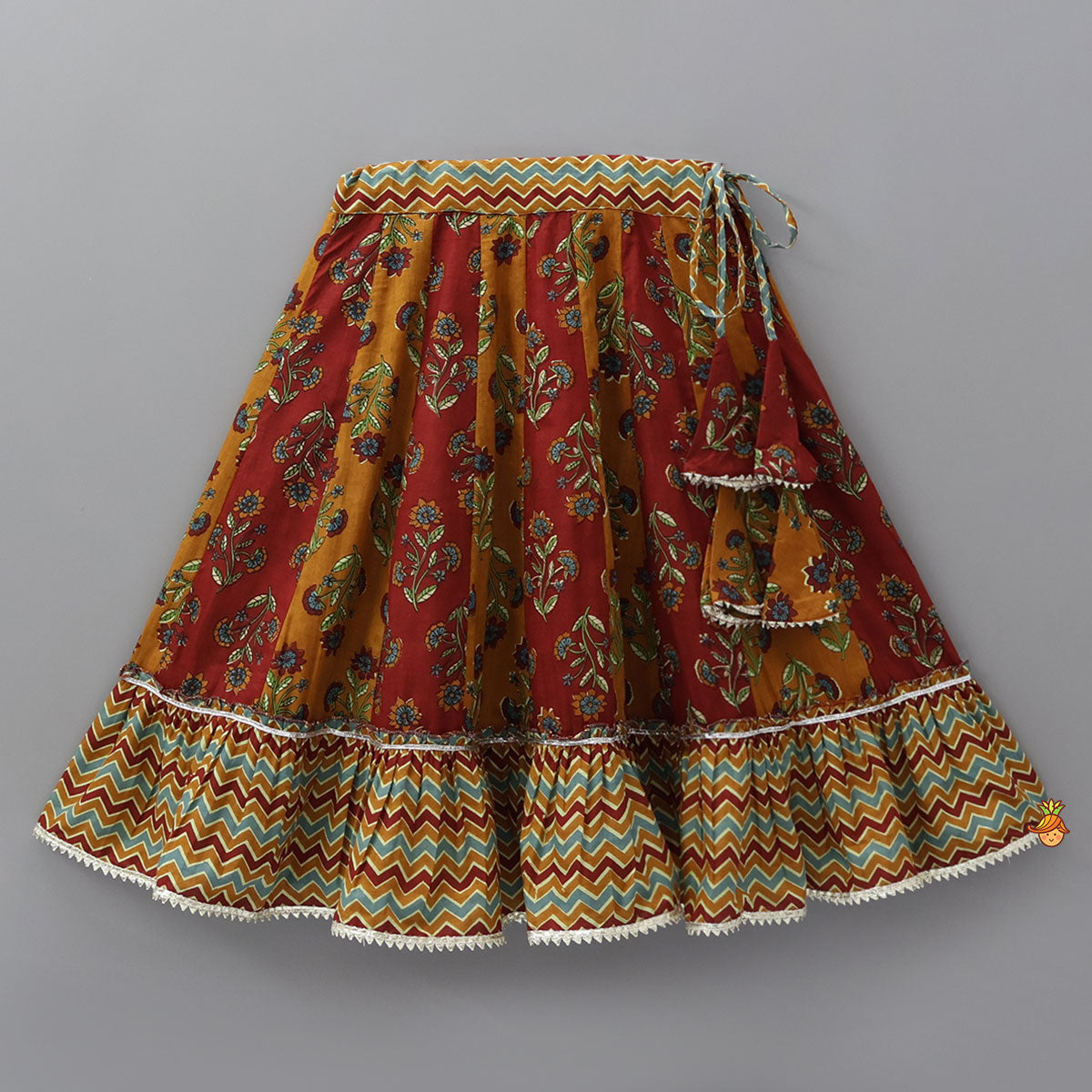 Pre Order: Floral Printed Crop Top With Panelled Flared Lehenga And Dupatta