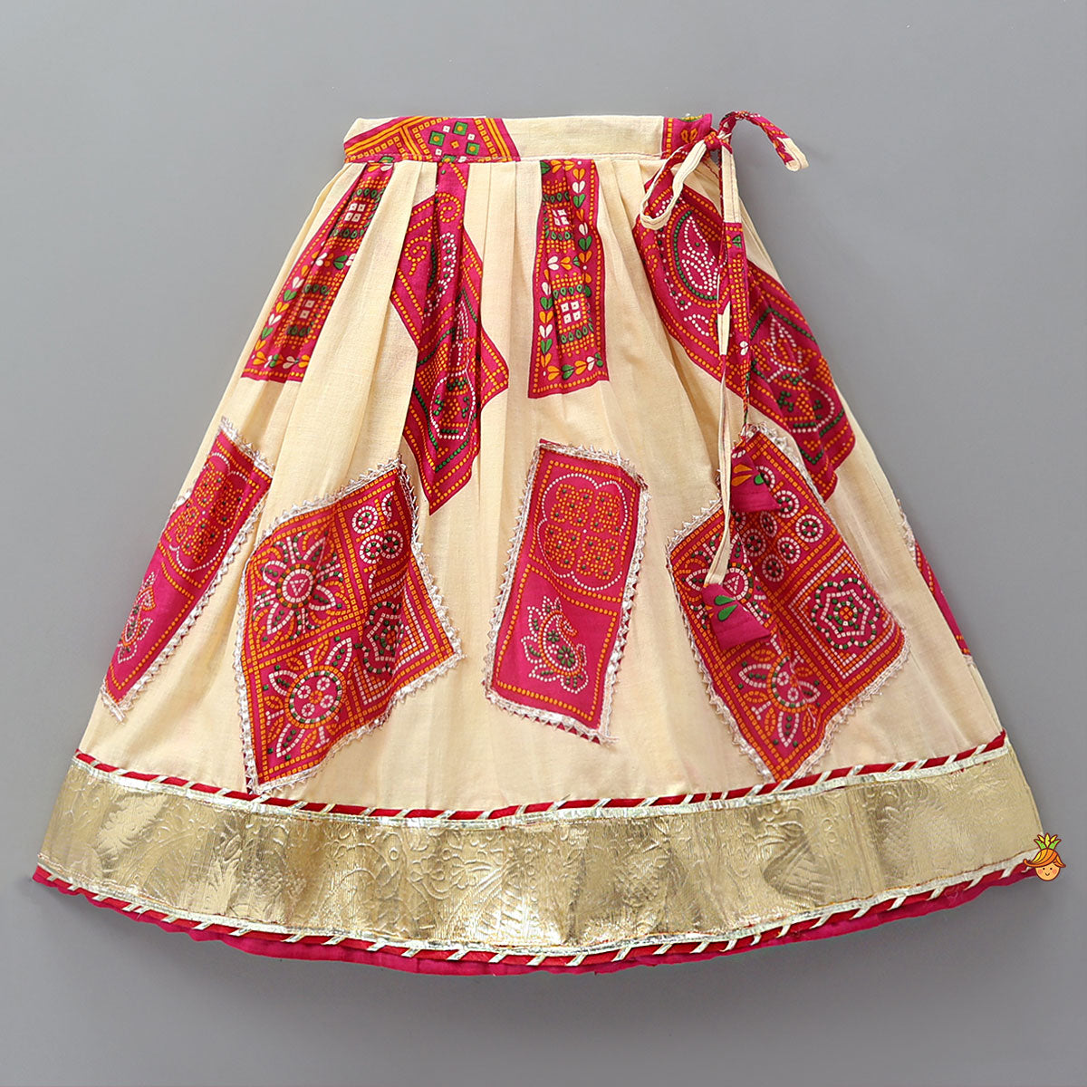 Pre Order: Tie-Up Back Bandhani-Printed Top And Lehenga