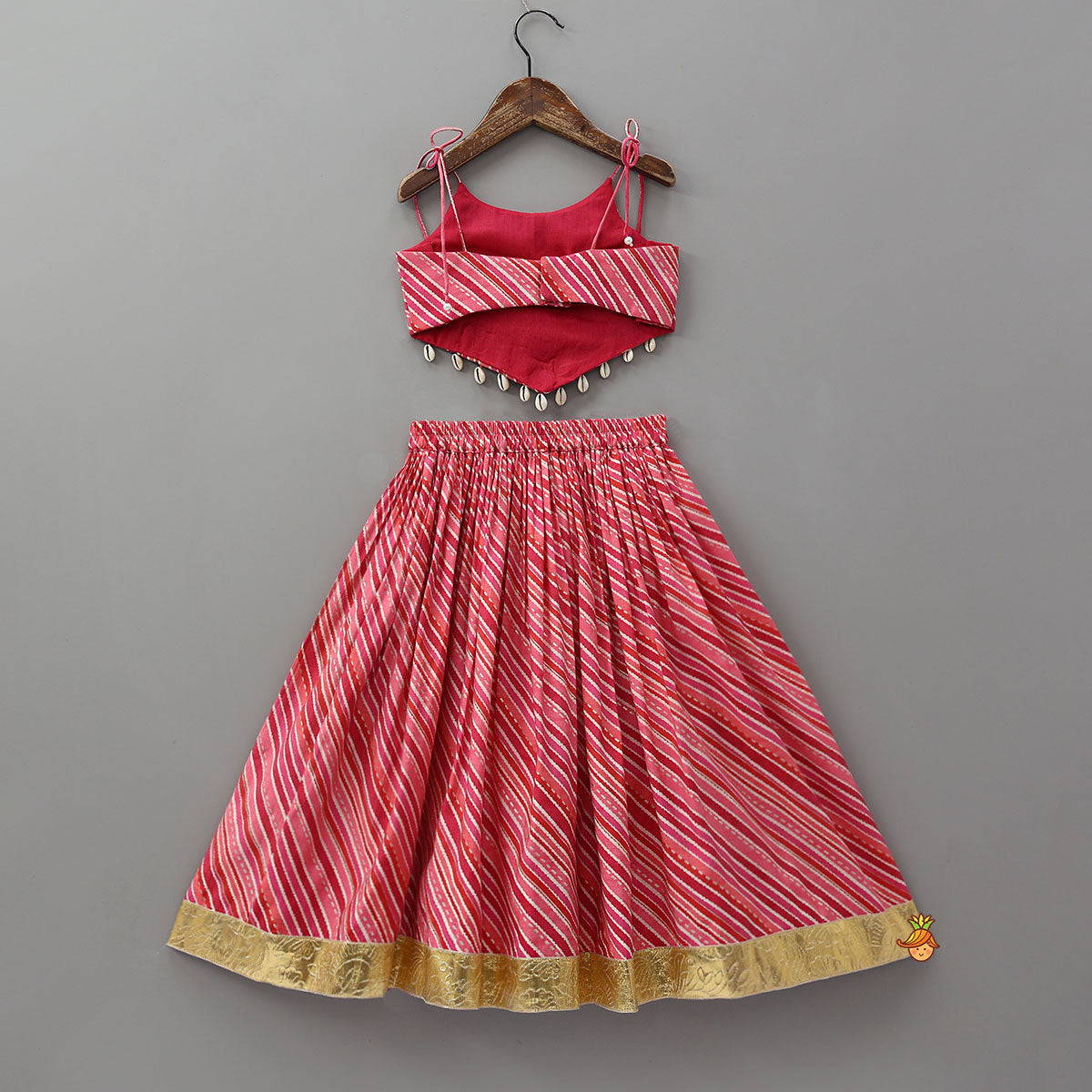 Pre Order: Geometric Mirror Embellished Top With Leheriya Printed Lehenga