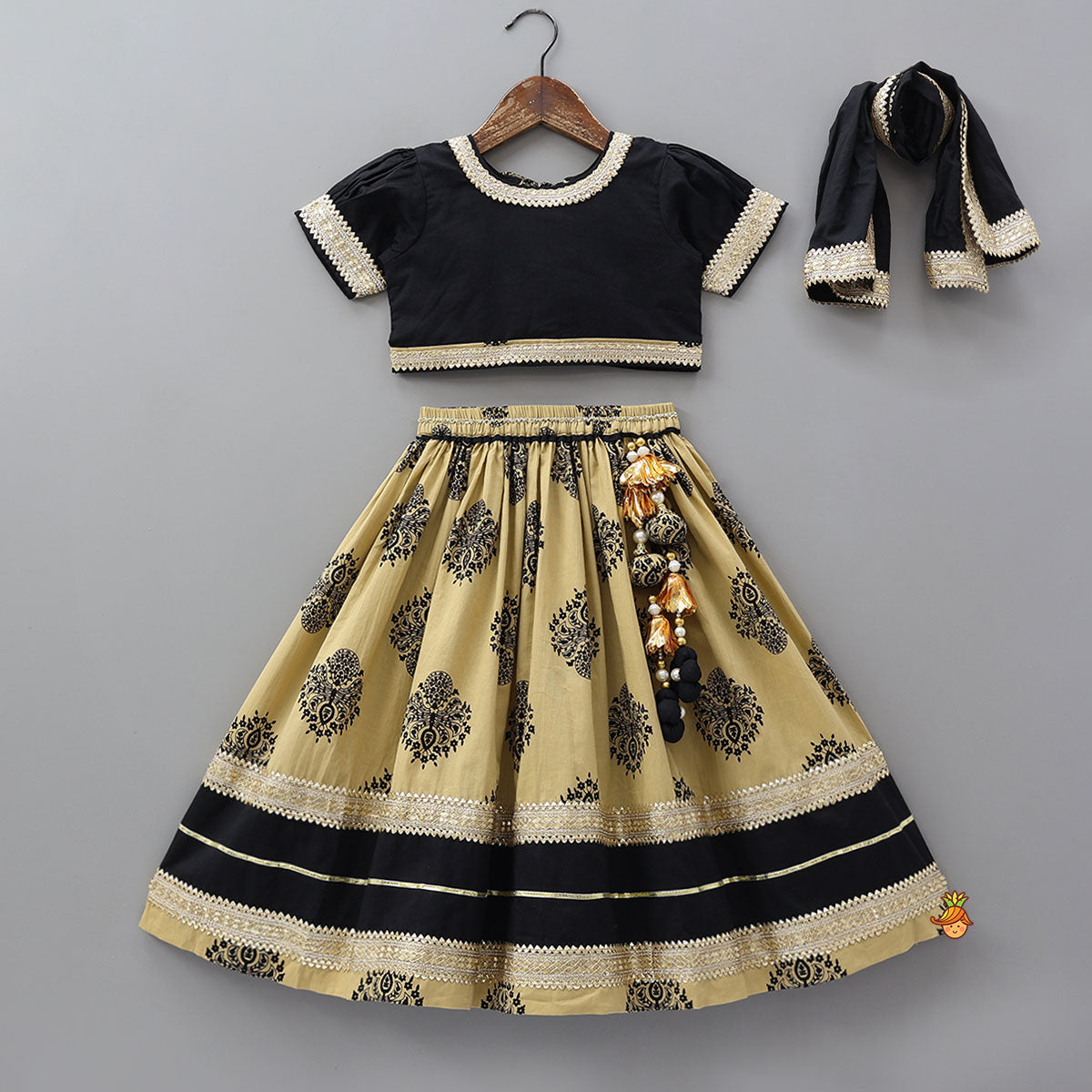Lace Detailed Crop Top With Printed Lehenga And Dupatta