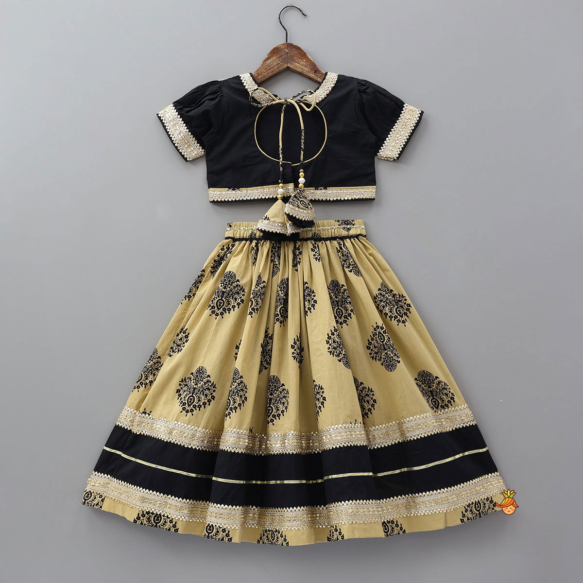Lace Detailed Crop Top With Printed Lehenga And Dupatta