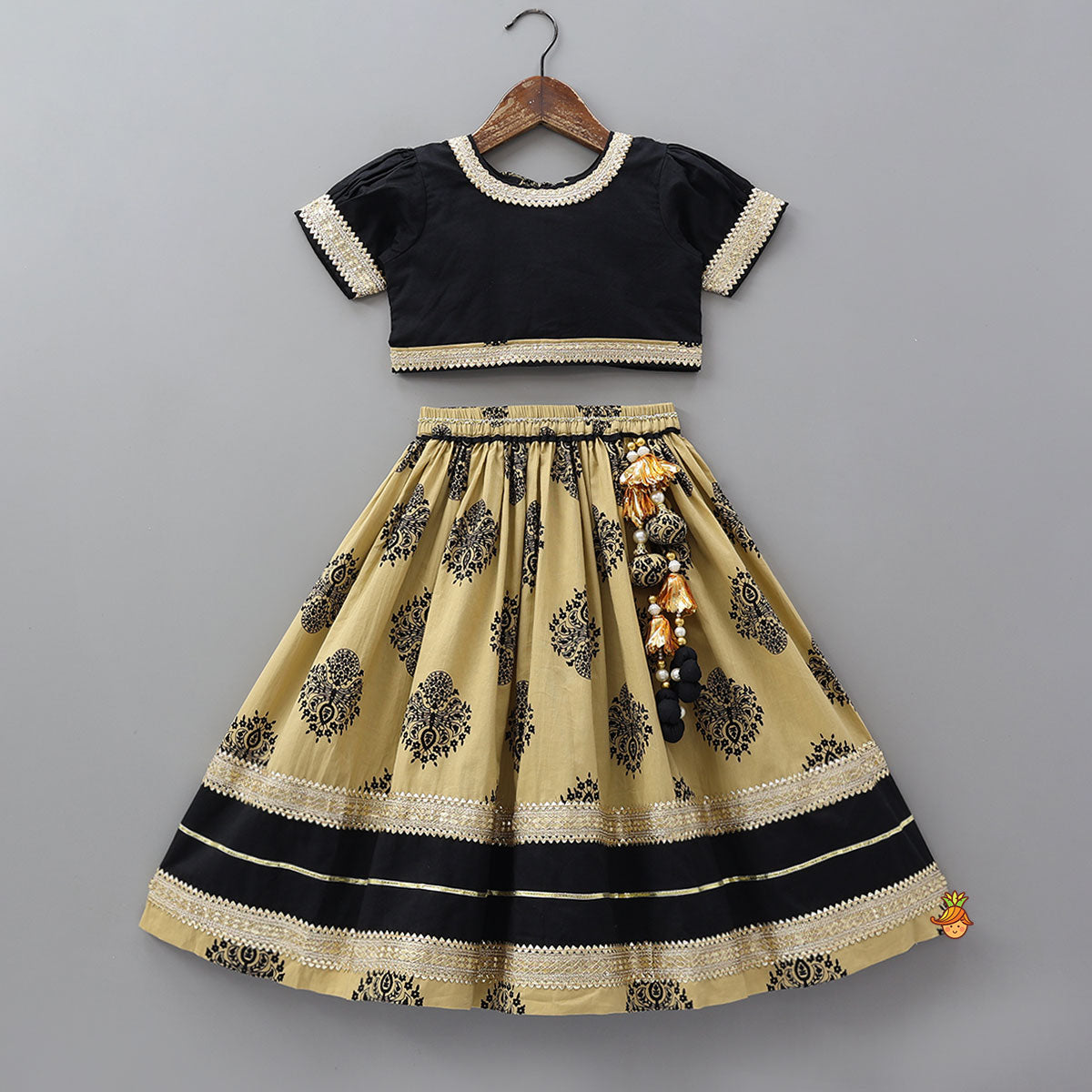 Lace Detailed Crop Top With Printed Lehenga And Dupatta