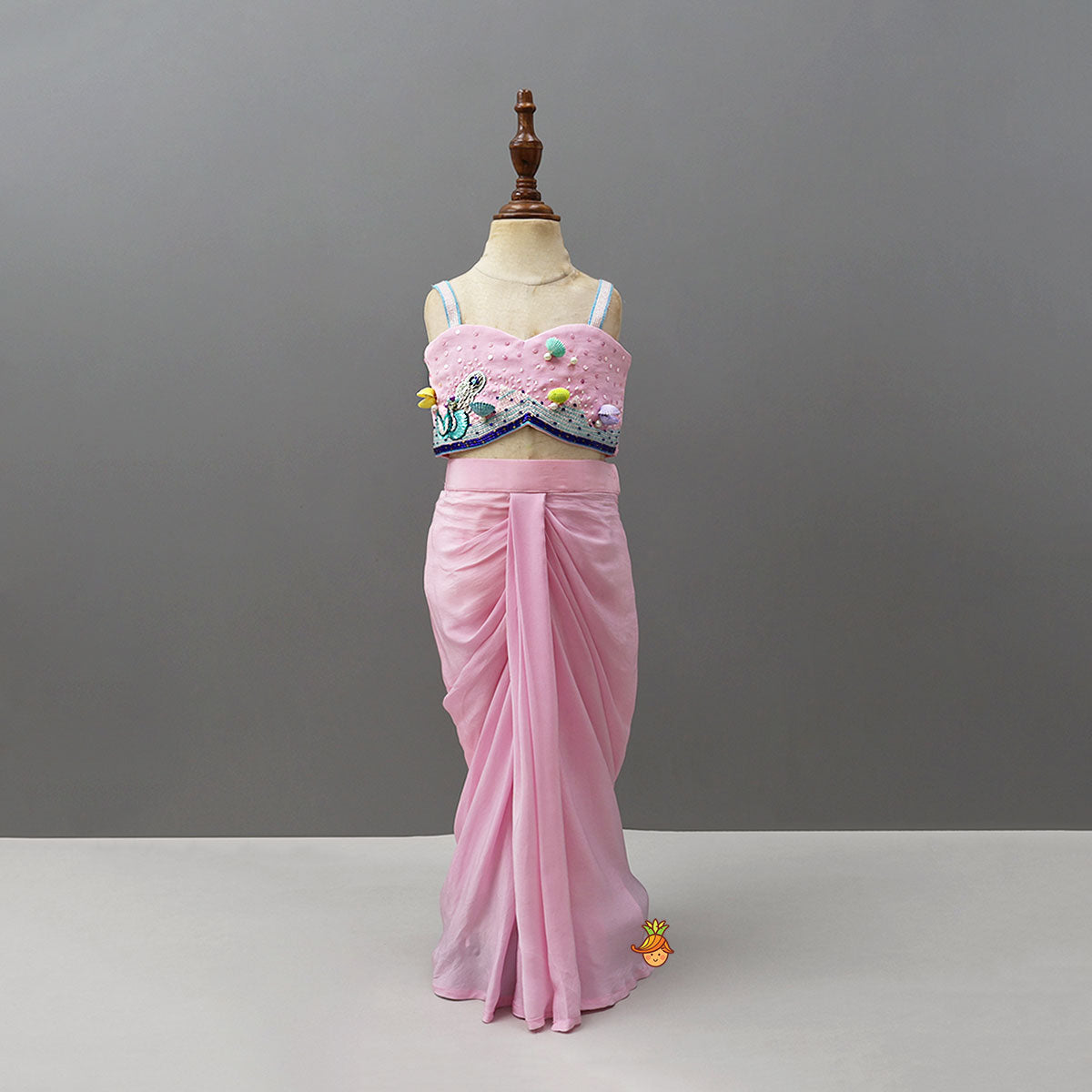 Pre Order: Sea Themed Hand Embellished Strappy Top With Draped Dhoti Skirt