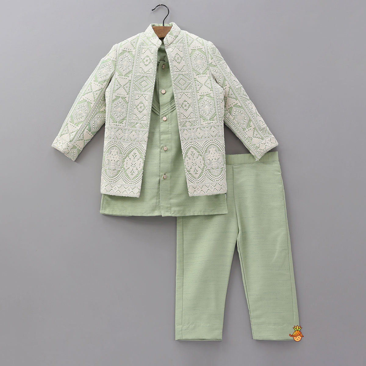 Pre Order: Pintuck Kurta With Thread Embroidered Open Jacket And Pyjama