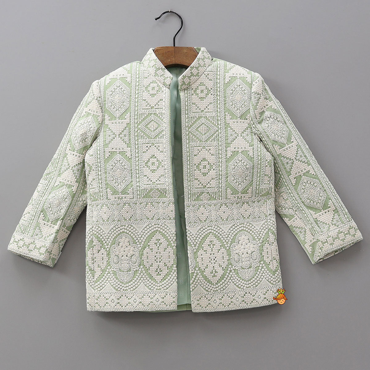 Pre Order: Pintuck Kurta With Thread Embroidered Open Jacket And Pyjama
