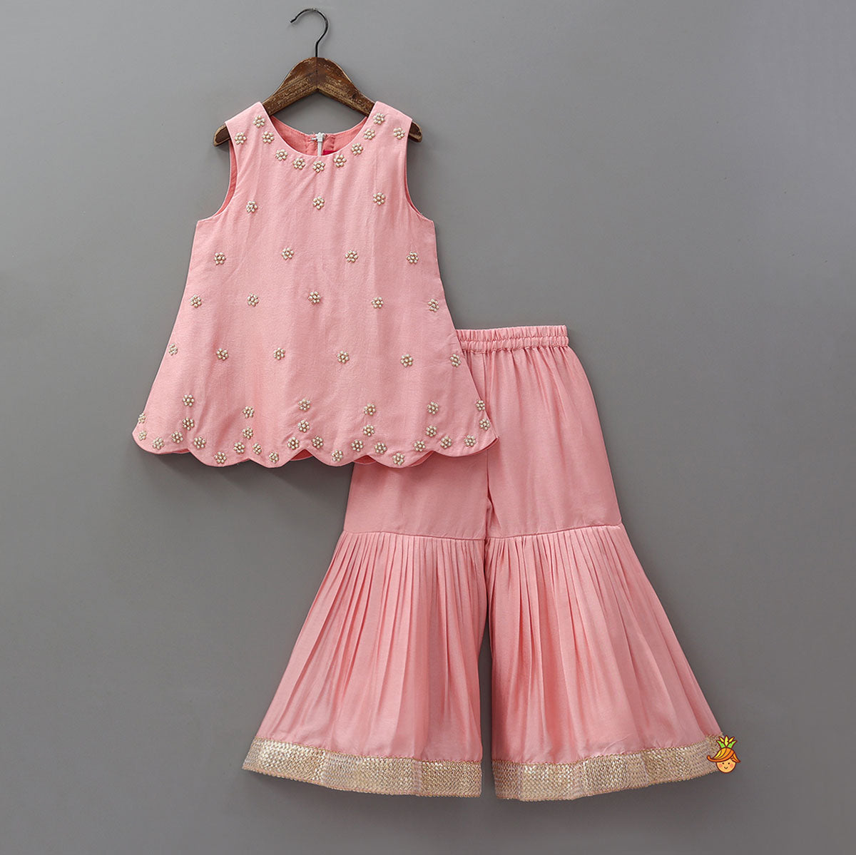 Pre Order: Booti Floral Embroidered Ethnic Kurti With Sharara And Dupatta