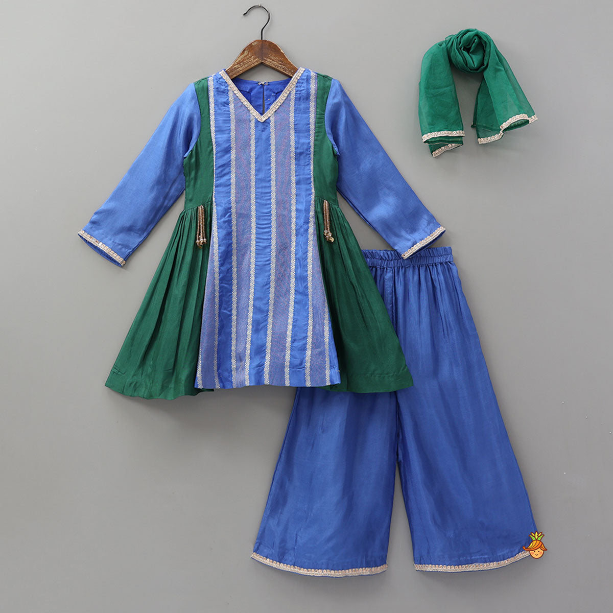 Pre Order: Festive Contrast Panelled Kurti With Flared Palazzo And Dupatta
