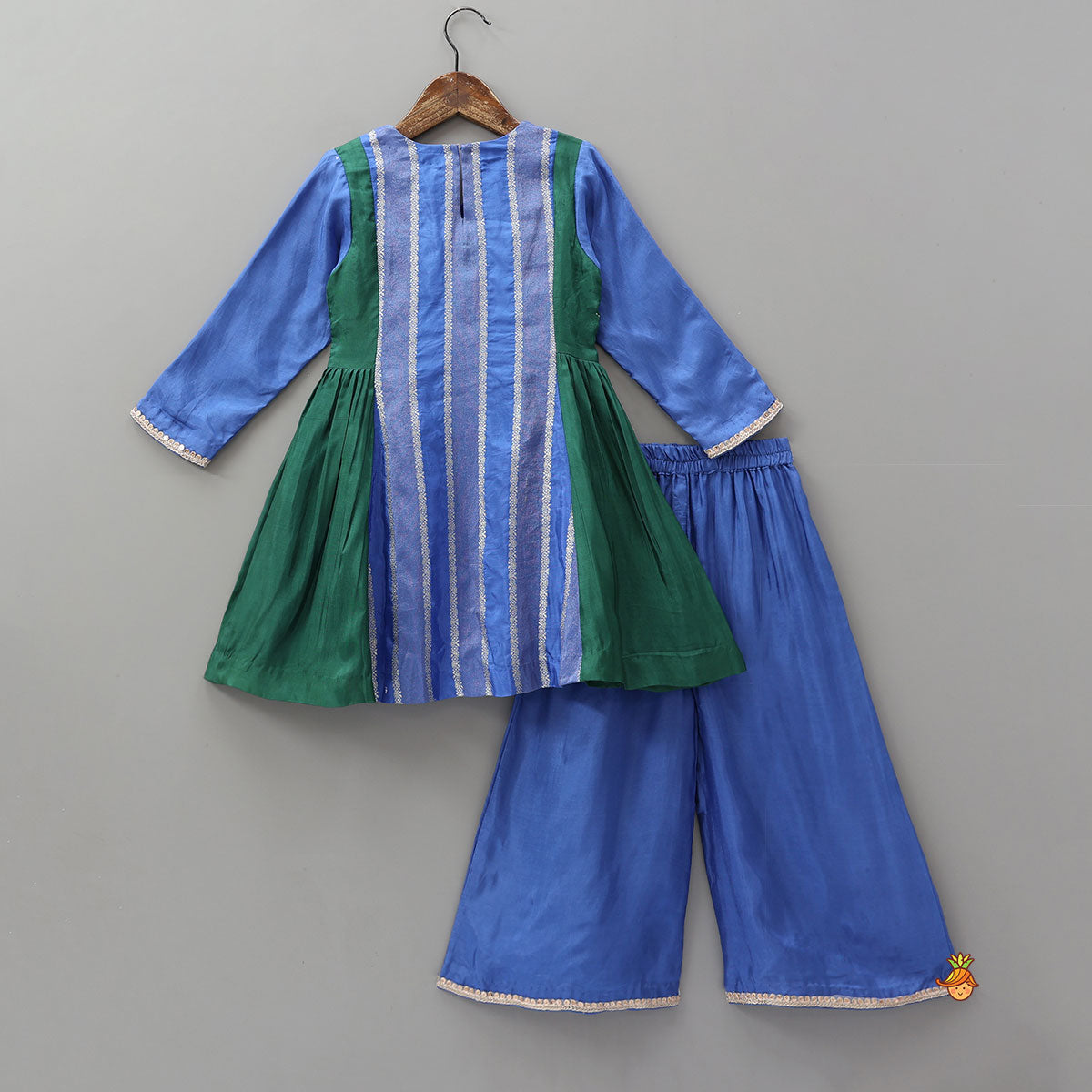 Pre Order: Festive Contrast Panelled Kurti With Flared Palazzo And Dupatta