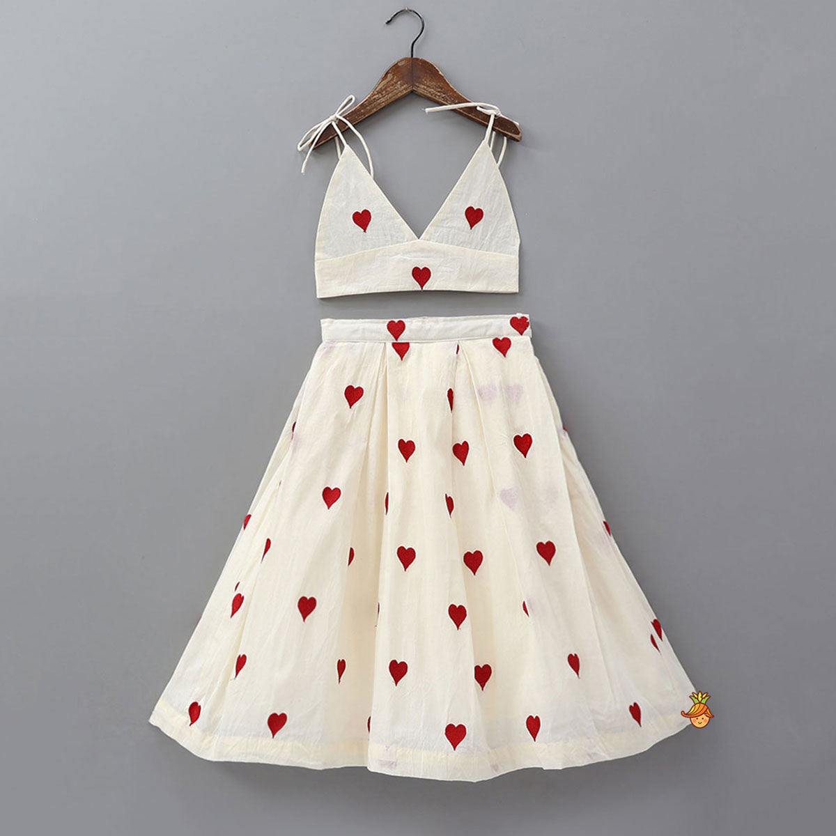 Pre Order: Heart Embroidered Stylish Tie Up Strap Top And Lehenga