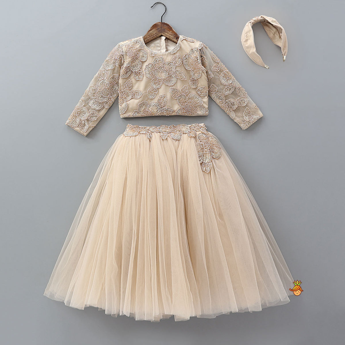 Pre Order: Floral Cutdana Embellished Top With Layered Net Lehenga