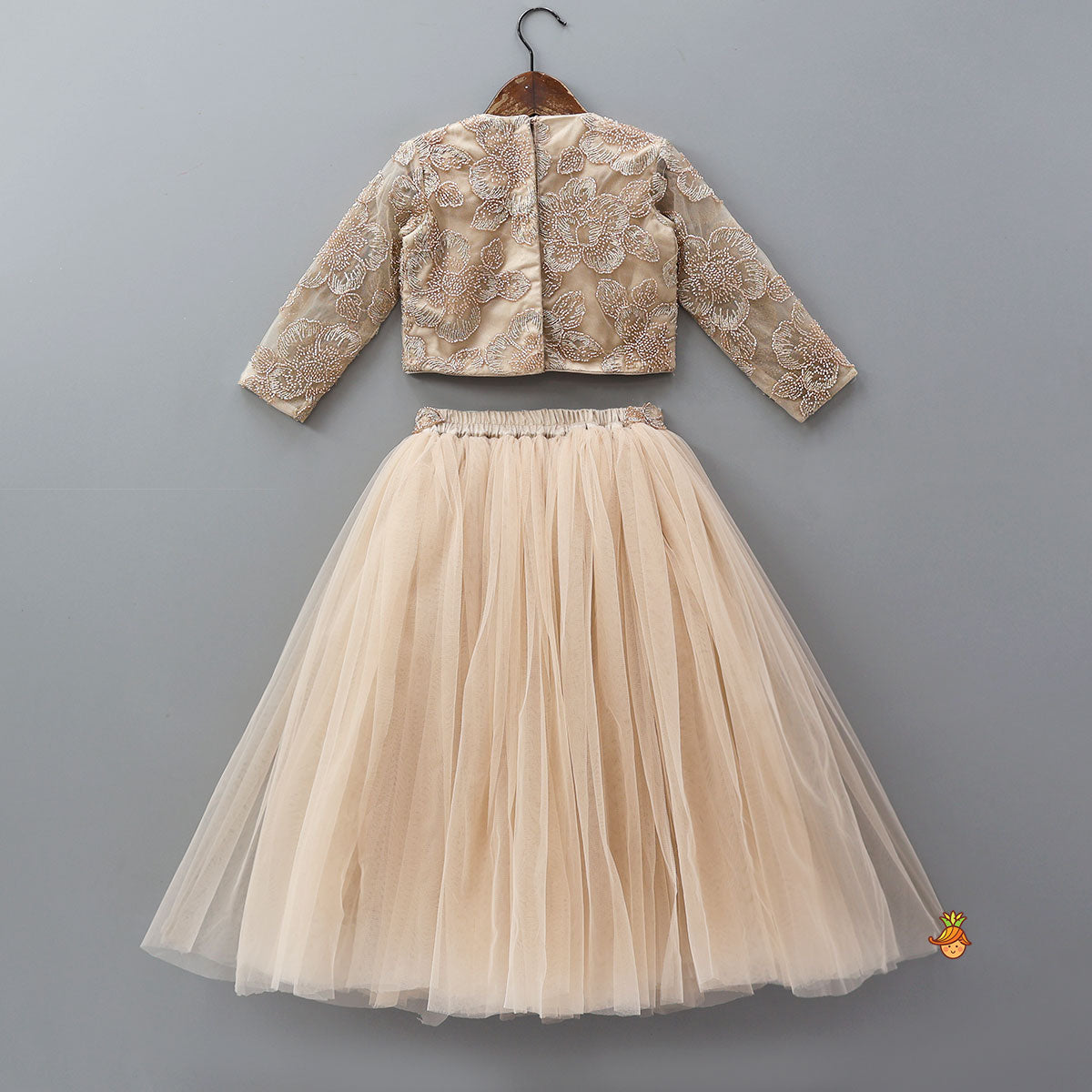 Pre Order: Floral Cutdana Embellished Top With Layered Net Lehenga