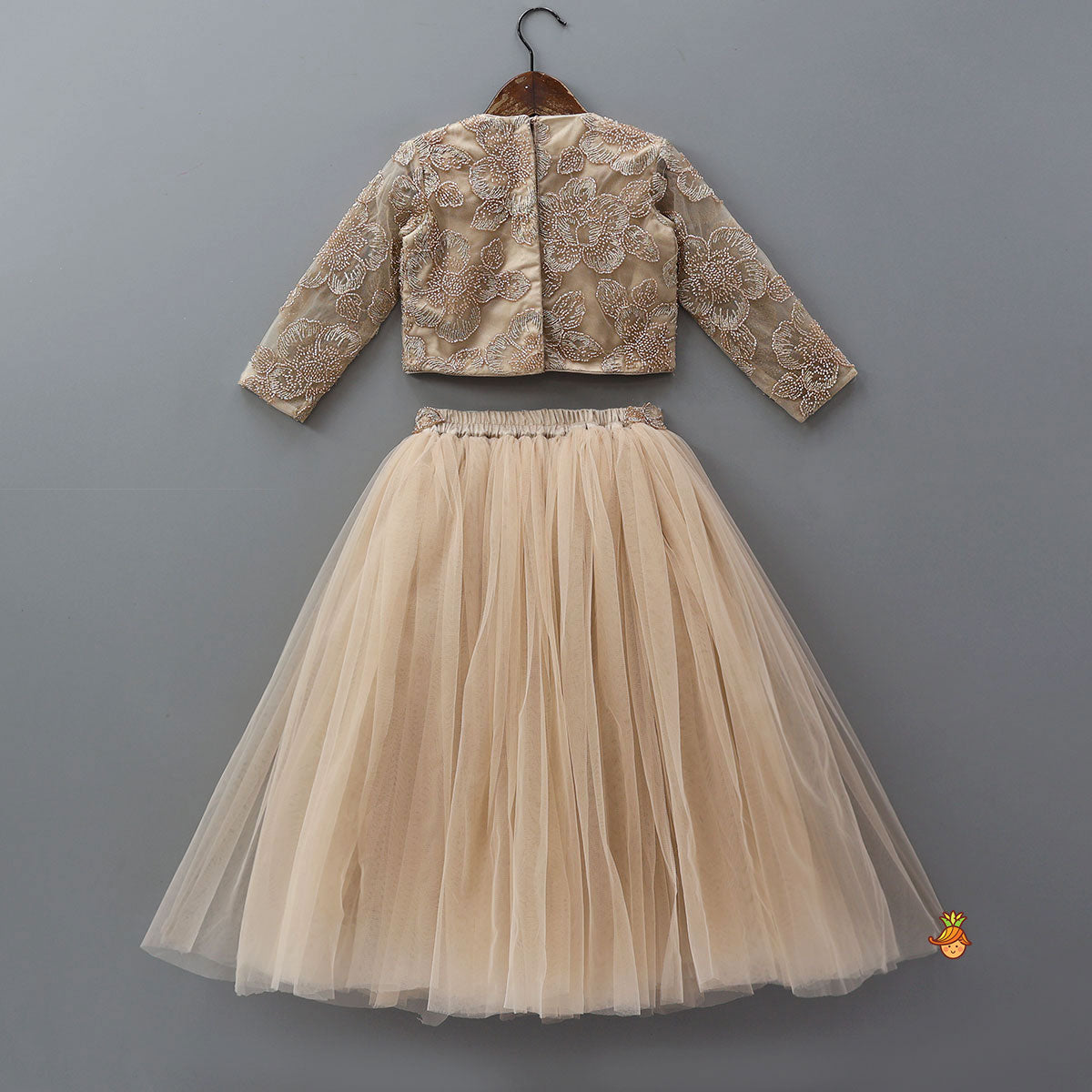 Pre Order: Floral Cutdana Embellished Top With Layered Net Lehenga