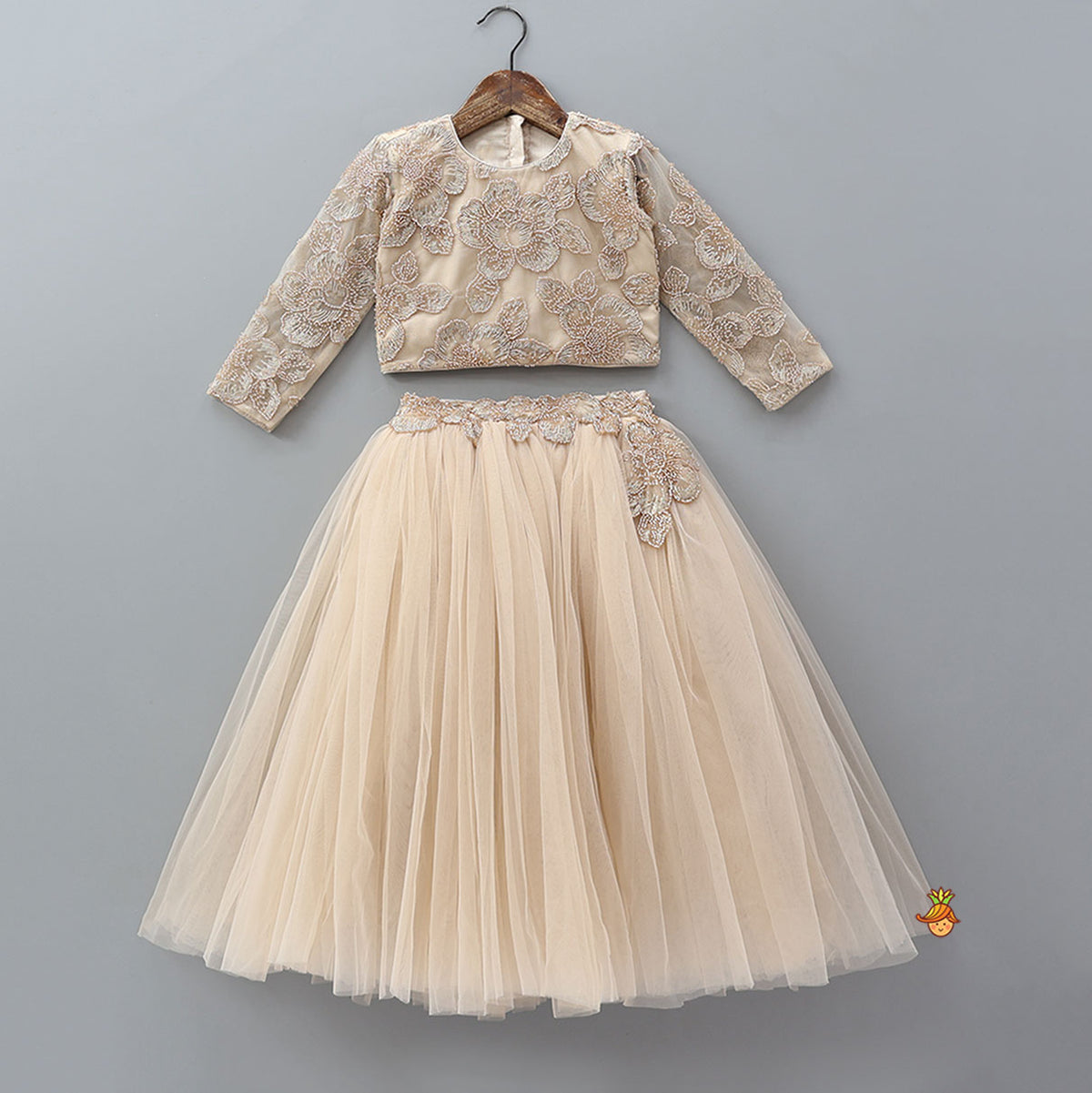 Pre Order: Floral Cutdana Embellished Top With Layered Net Lehenga