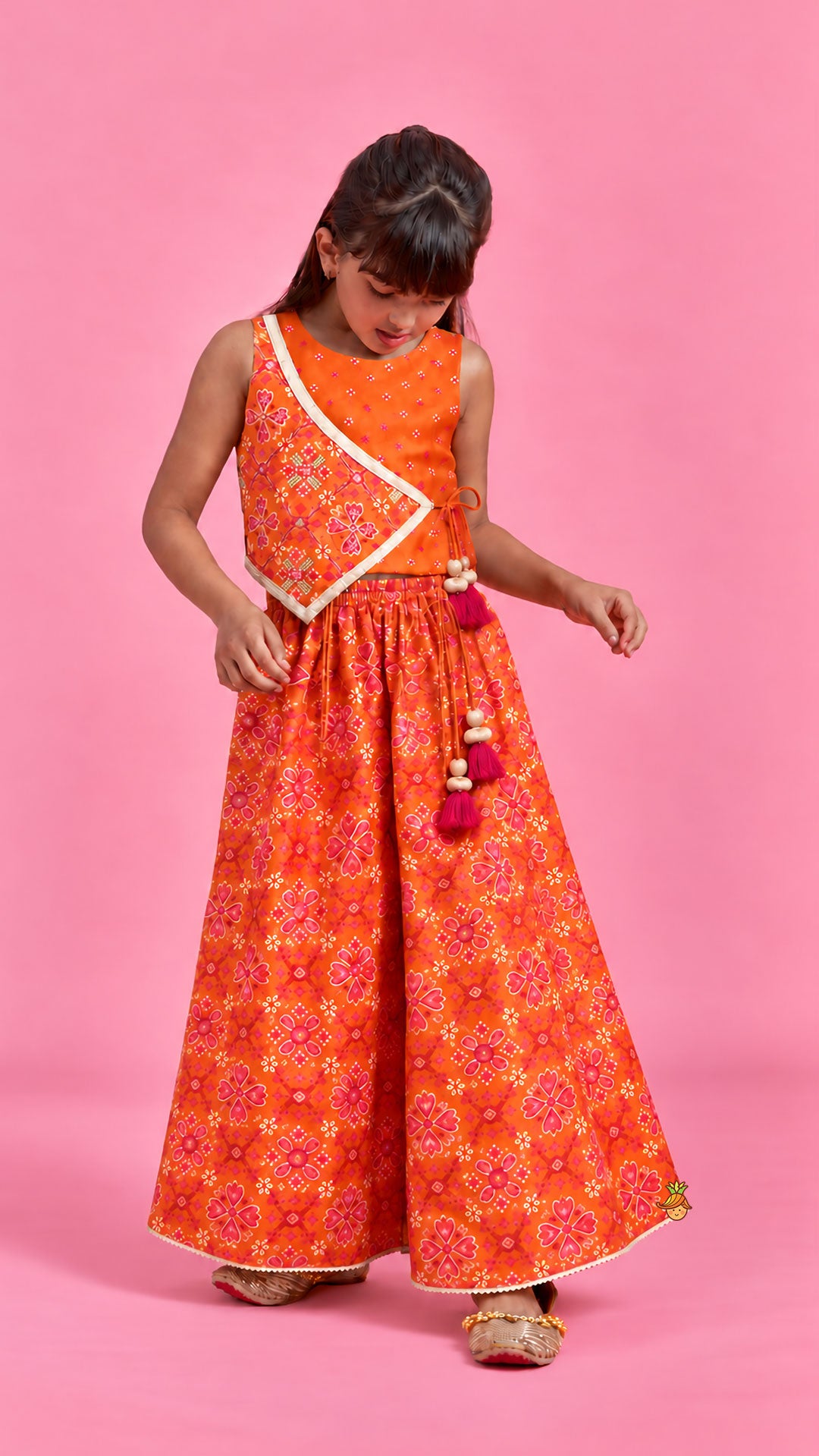 Pre Order: Festive Patola Inspired Angrakha Style Top With Flared Palazzo
