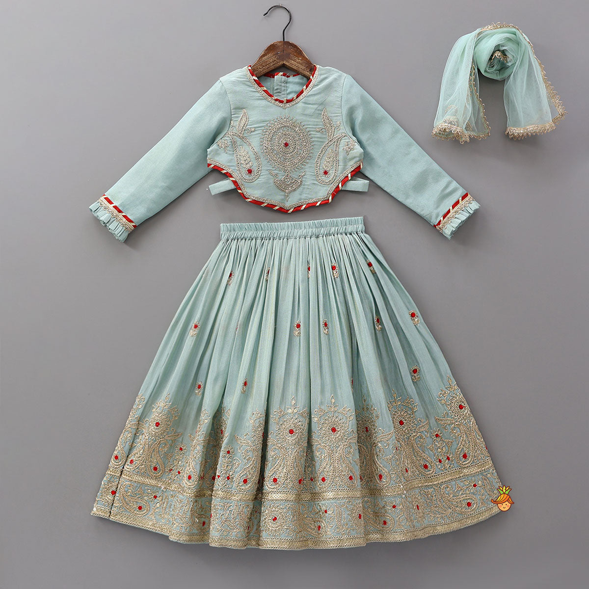 Pre Order: Embroidered Shimmer Crop Top And Lehenga With Net Dupatta