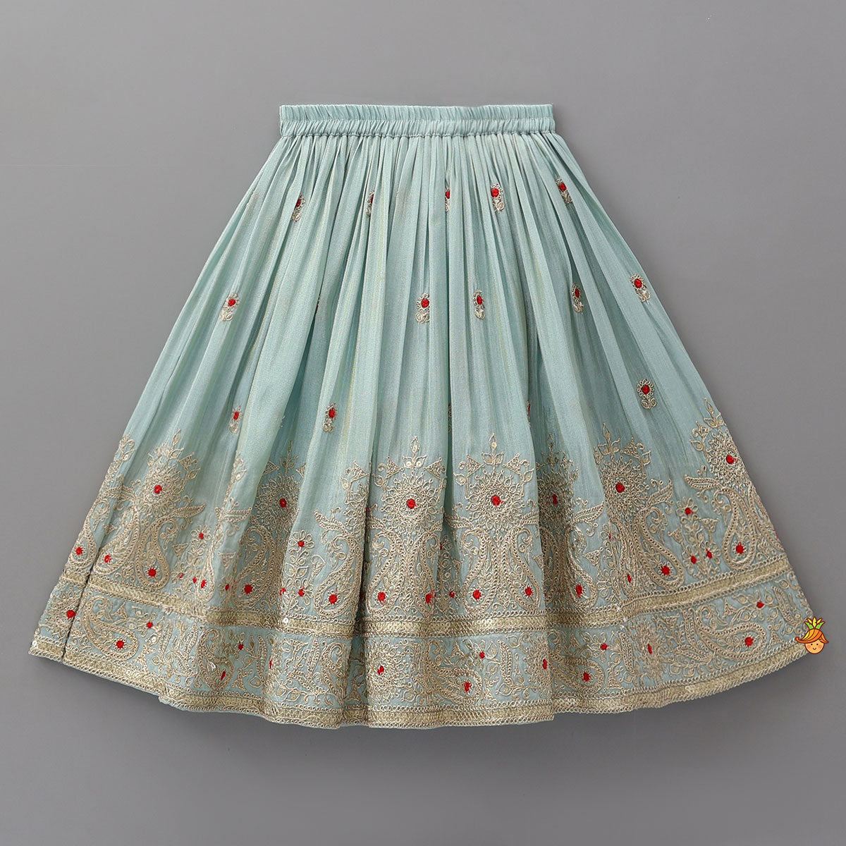 Pre Order: Embroidered Shimmer Crop Top And Lehenga With Net Dupatta