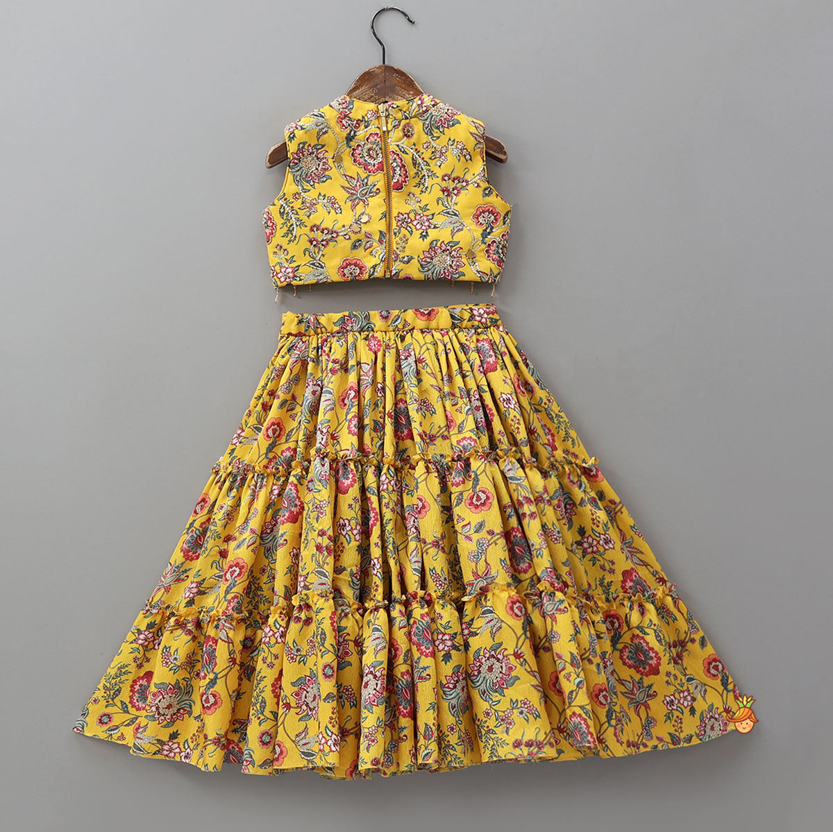 Pre Order: Beautiful Floral Printed Top With Tiered Lehenga And Dupatta