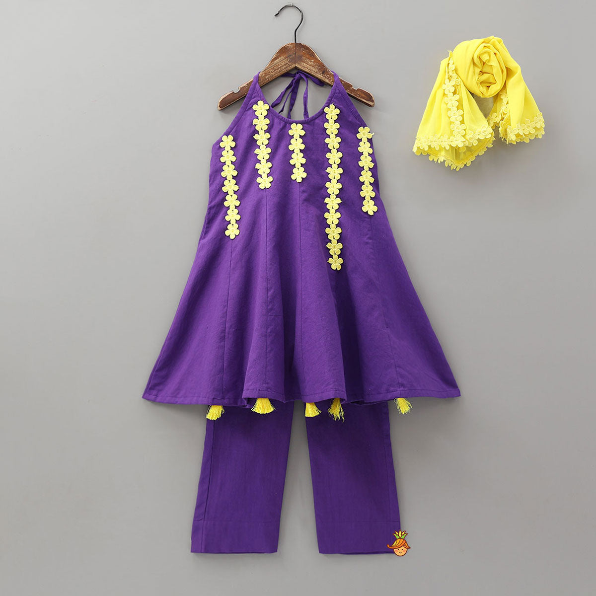 Pre Order: Floral Lace Work Halter Neck Kurti And Pant With Contrasting Dupatta