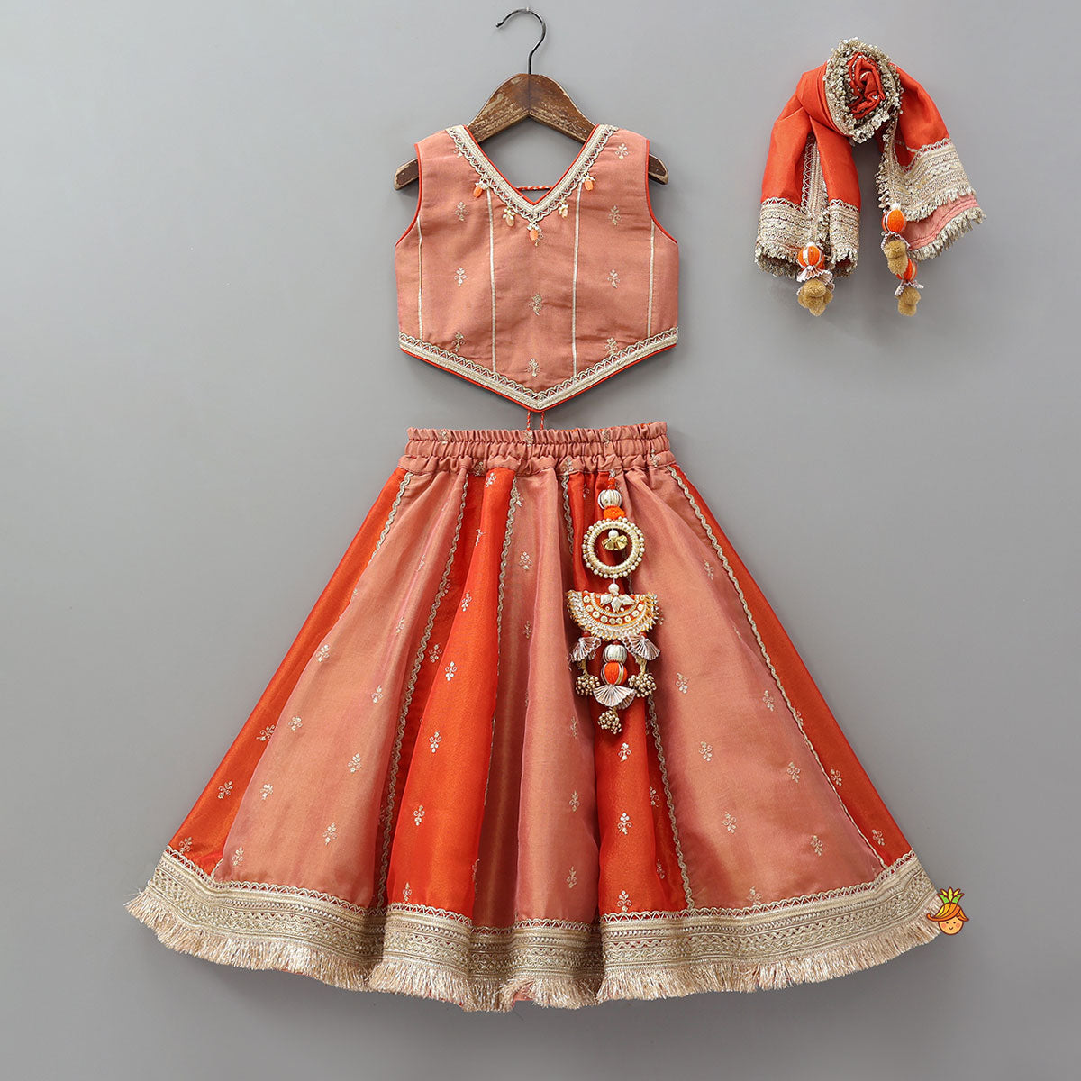 Pre Order: Elegant Embellished Top With Flared Lehenga And Dupatta