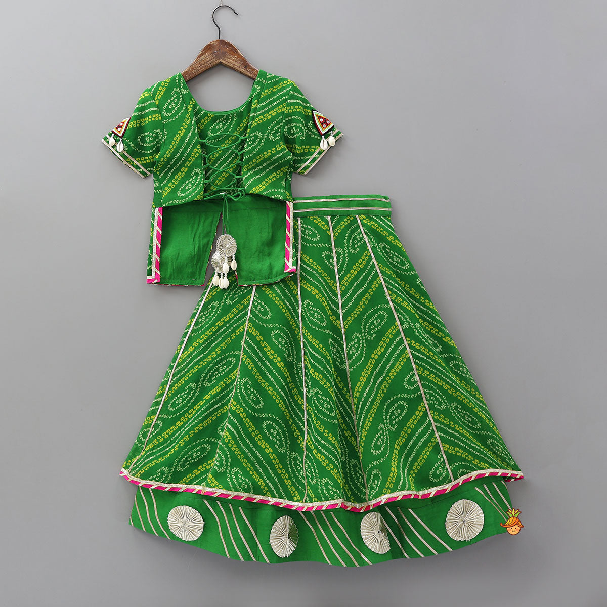 Pre Order: Bandhani Embroidered Kurti With Lehenga And Dupatta