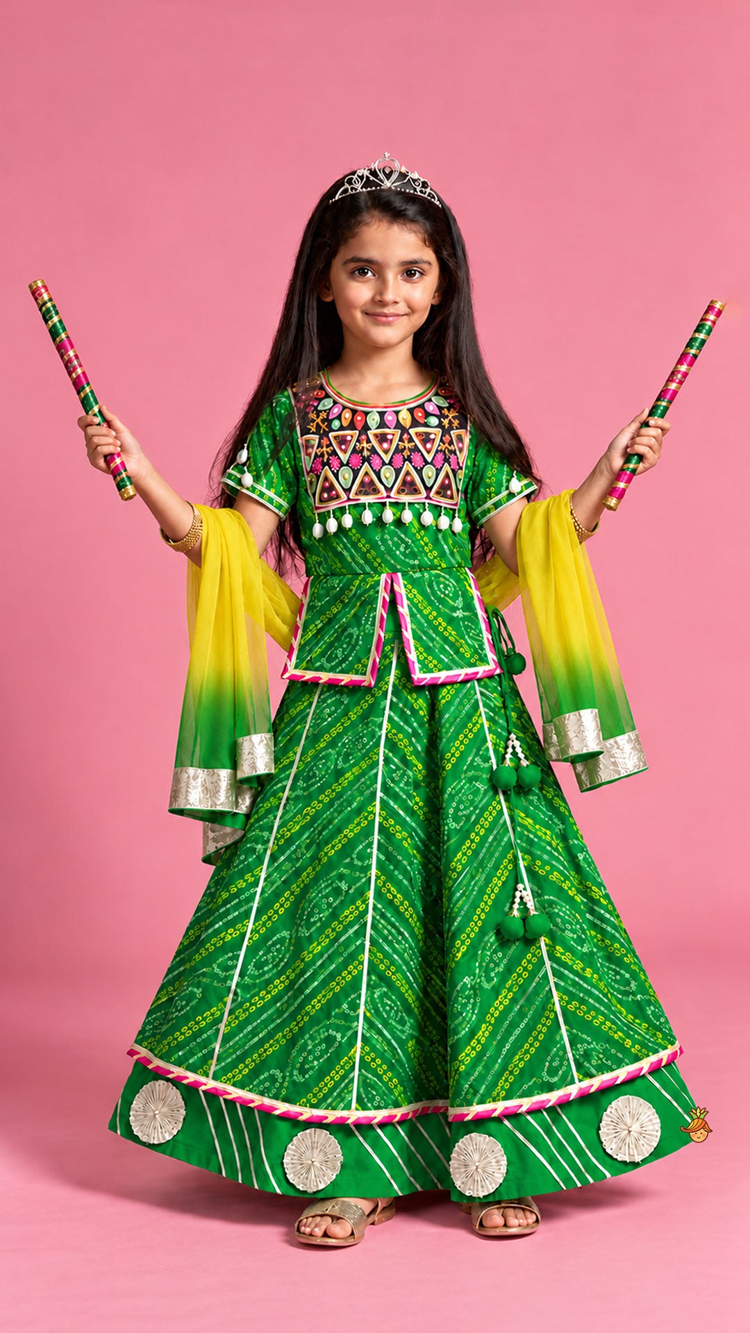 Pre Order: Bandhani Embroidered Kurti With Lehenga And Dupatta