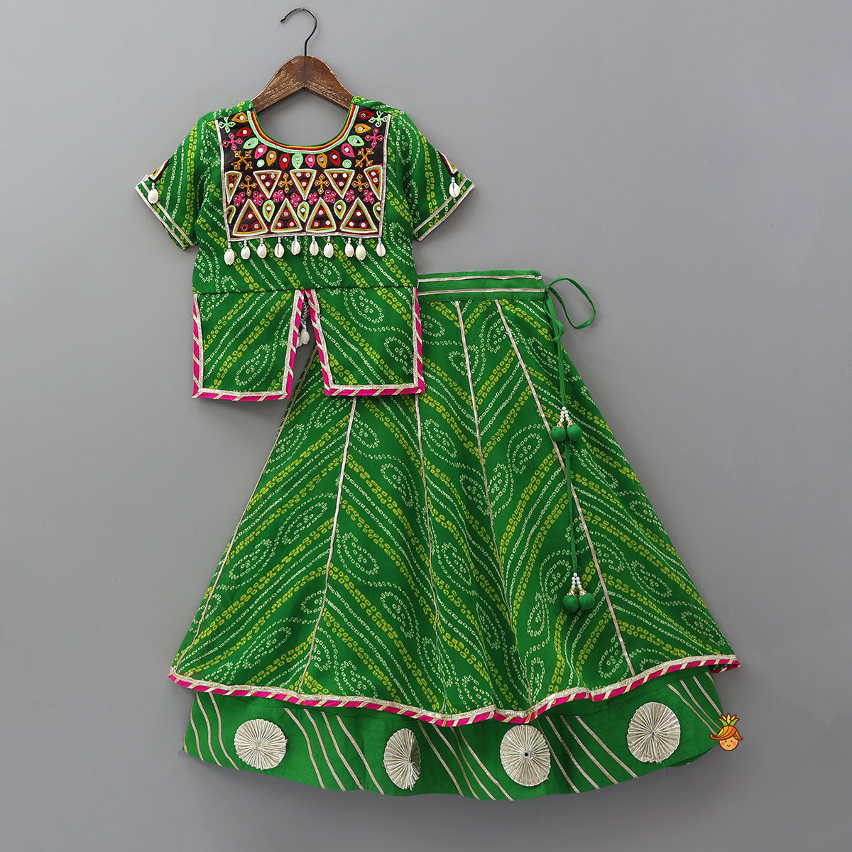 Pre Order: Bandhani Embroidered Kurti With Lehenga And Dupatta