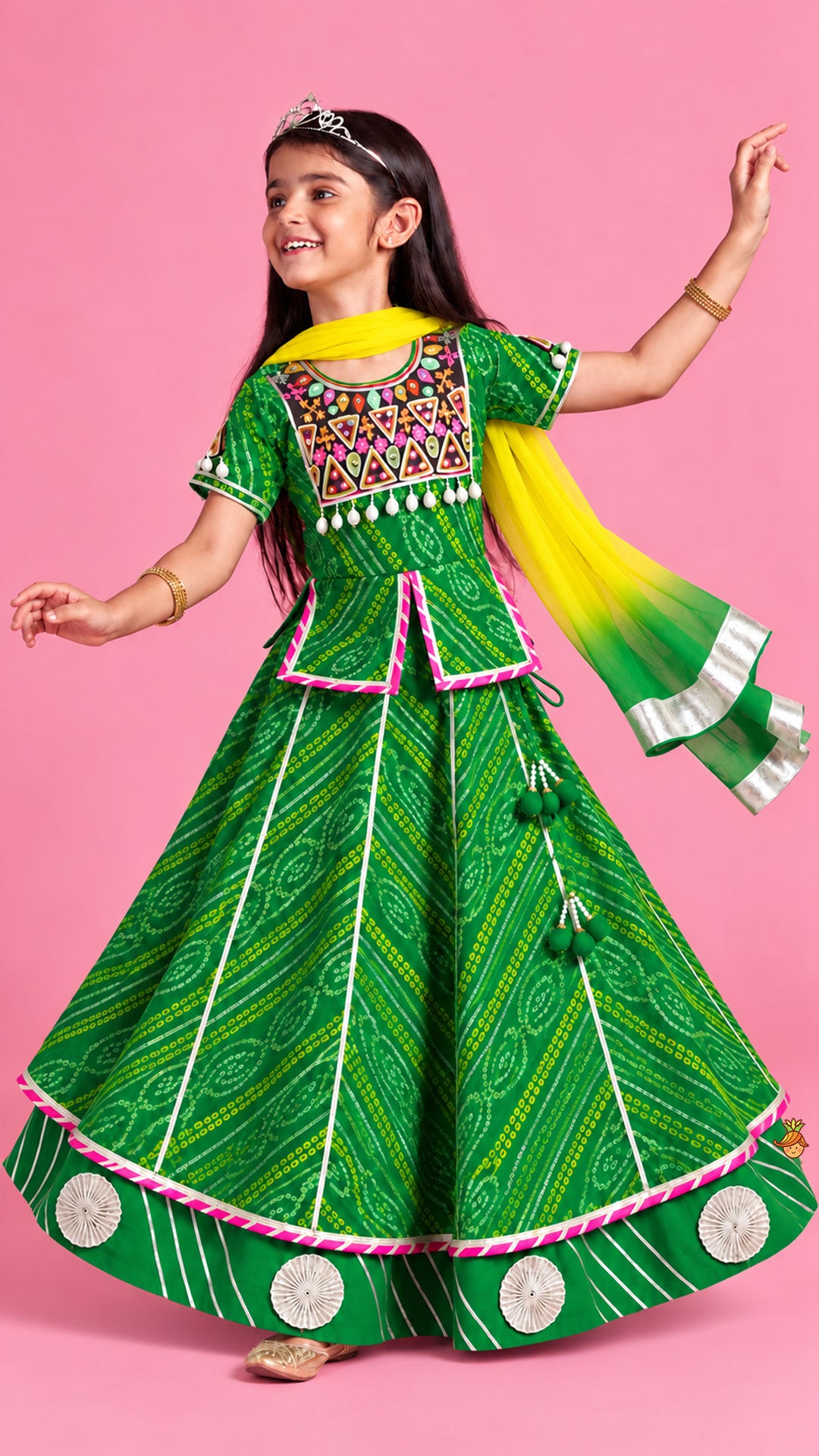 Pre Order: Bandhani Embroidered Kurti With Lehenga And Dupatta