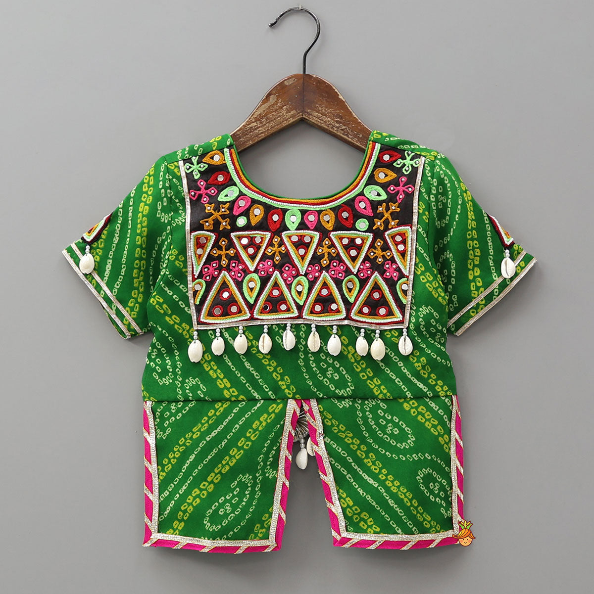 Pre Order: Bandhani Embroidered Kurti With Lehenga And Dupatta