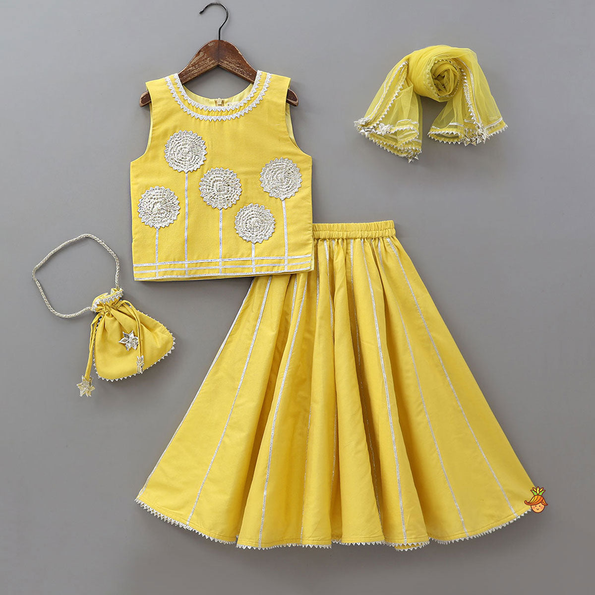 Pre Order: Gota Flower Embroidered Top And Lehenga With Matching Dupatta And Potli Bag