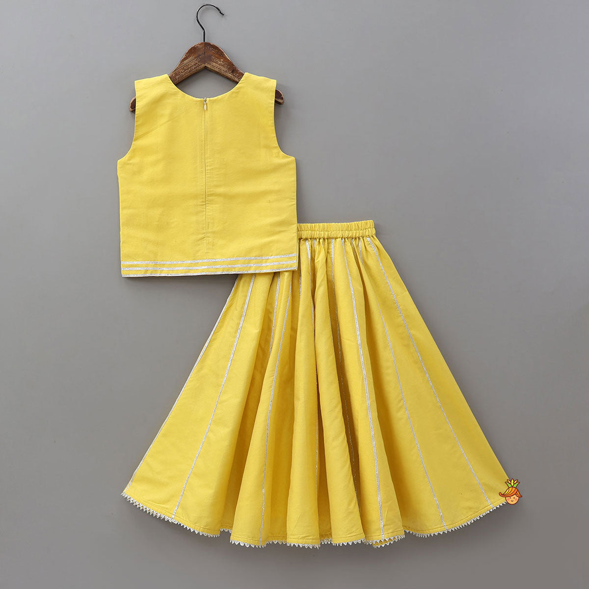 Pre Order: Gota Flower Embroidered Top And Lehenga With Matching Dupatta And Potli Bag