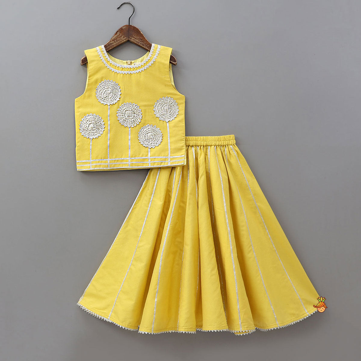 Pre Order: Gota Flower Embroidered Top And Lehenga With Matching Dupatta And Potli Bag