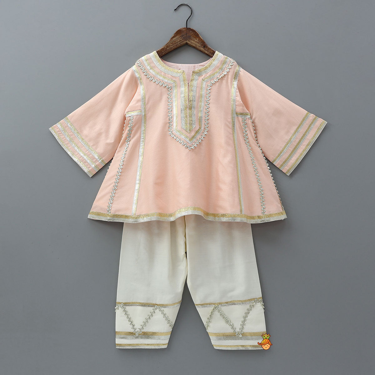 Pre Order: Lace Accented Kurti And Farshi Salwar With Potli Bag