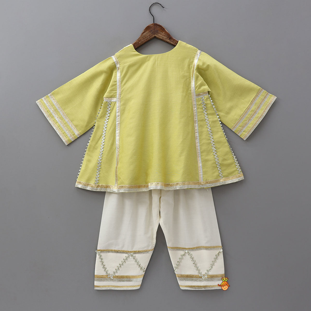 Pre Order: Lace Embellished Kurti And Farshi Salwar With Potli Bag