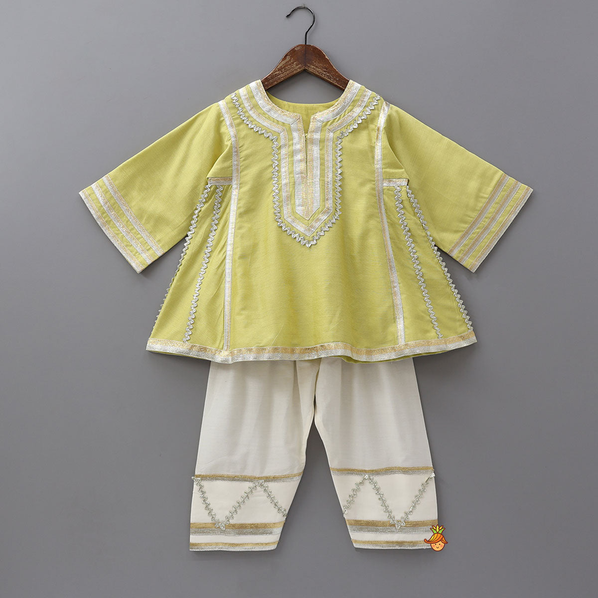 Pre Order: Lace Embellished Kurti And Farshi Salwar With Potli Bag